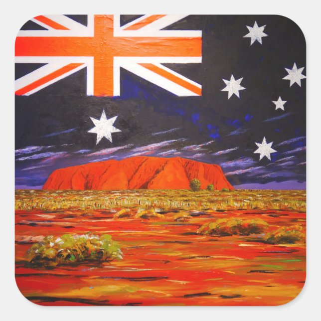 Ayers rock and australian flag square sticker (Front)