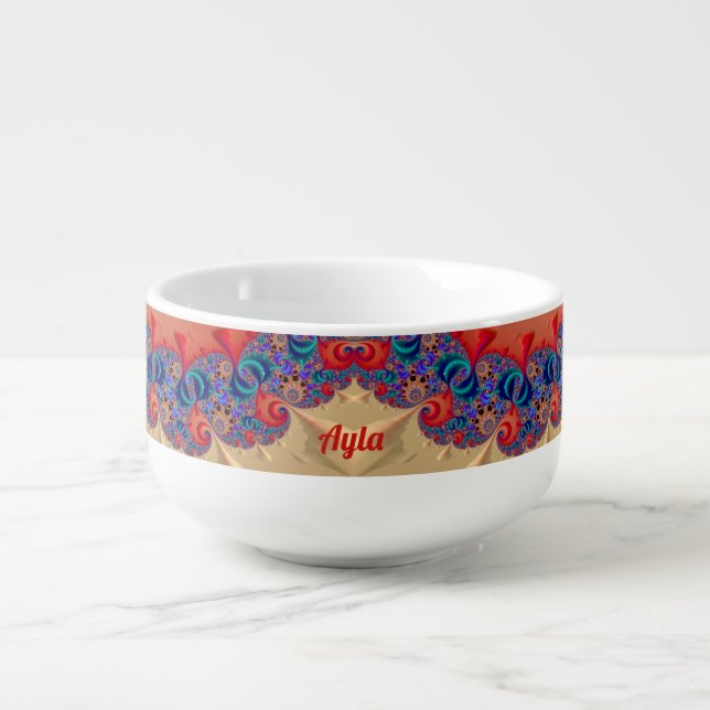 AYLA ~ 3D Red Blue Aqua Fawn WOW!  Soup Mug (Front)