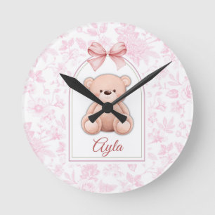 Ayla Custom Pink Teddy Bear Nursery Design Round Clock