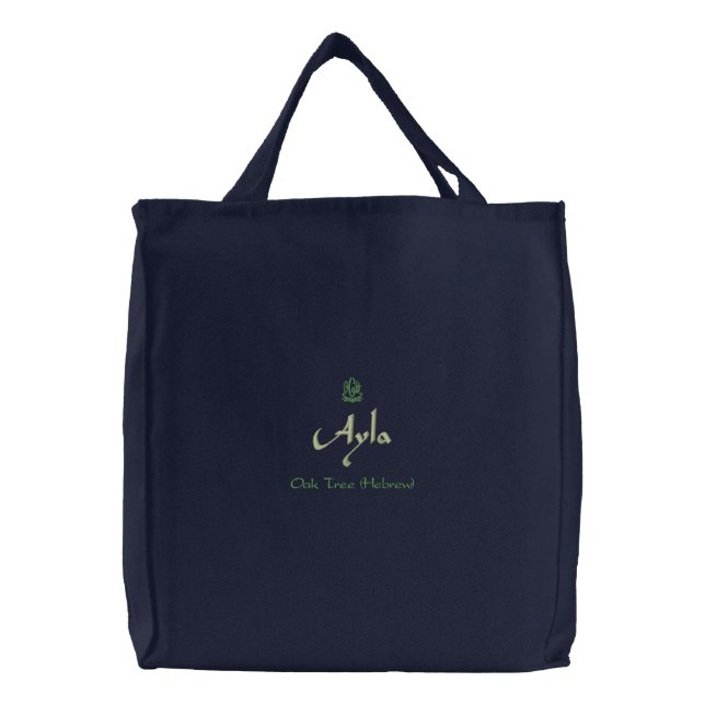 Ayla Name With Hebrew Meaning Green Embroidered Tote Bag (Front)