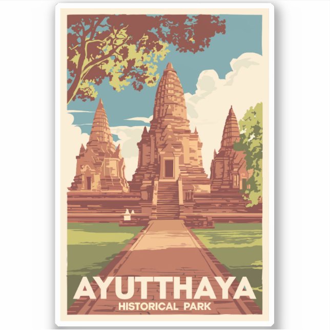 Ayutthaya Historical Park Illustration Travel Art Sticker (Front)