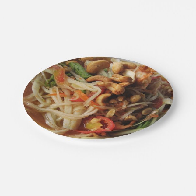 Ayutthaya Spicy Papaya Salad [Som Tam] with Cashew Paper Plates (Angled)
