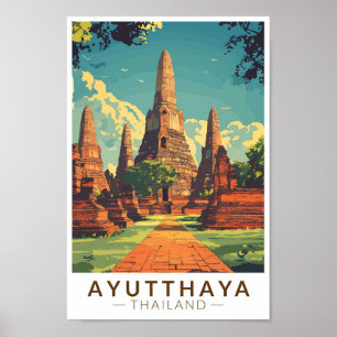Ayutthaya Thailand Illustration Travel Art Vintage Poster