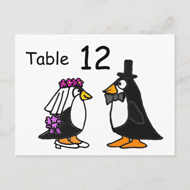 AZ- Bride and Groom Penguins Table Number Postcard (Front)