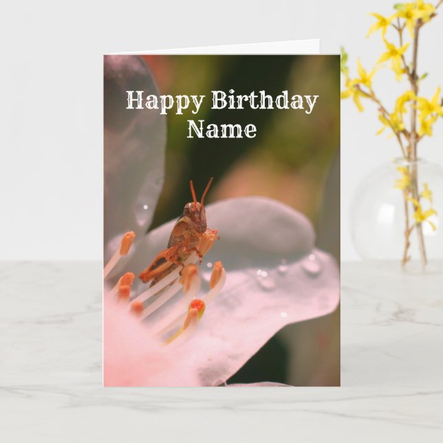 Azalea And Grasshopper Personalized Birthday Card (Yellow Flower)