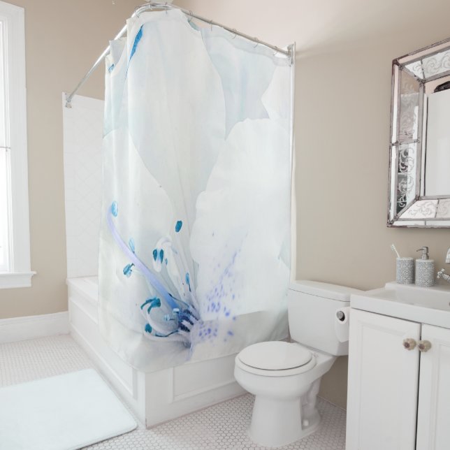 *~*  Azalea Art Painting Flowers White Teal Shower Curtain (In Situ)