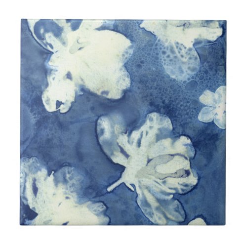 Azalea Dream Floral Blue Cyanotype Ceramic Tile
