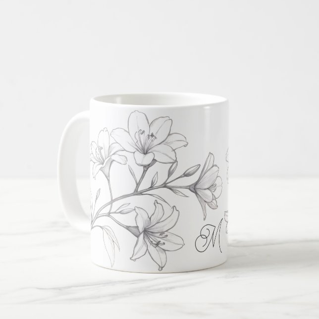 Azalea Floral Delicate Pencil Sketch Coffee Mug (Front Left)