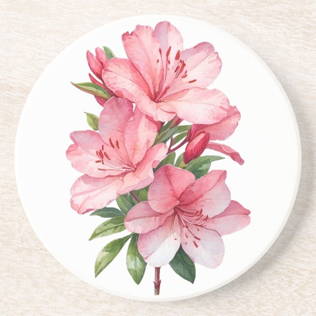 Azalea flower watercolor painting coaster (Front)