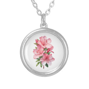 Azalea flower watercolor painting silver plated necklace