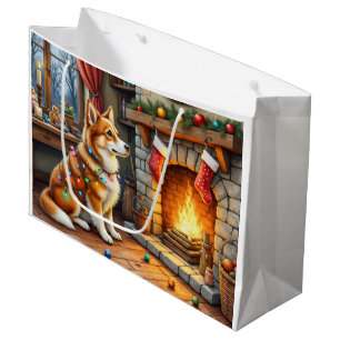 Azawakh Sitting by Fireplace with Christmas Lights Large Gift Bag