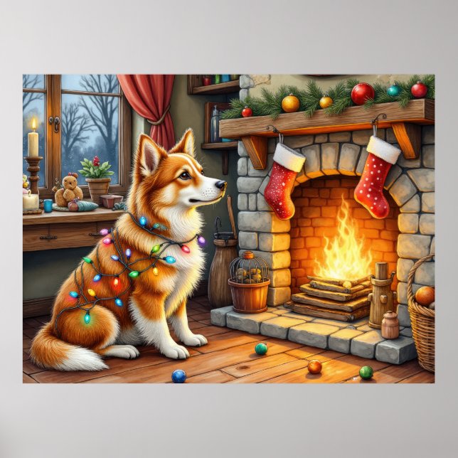 Azawakh Sitting by Fireplace with Christmas Lights Poster (Front)