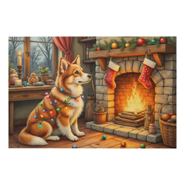 Azawakh Sitting by Fireplace with Christmas Lights Wood Wall Art (Front)
