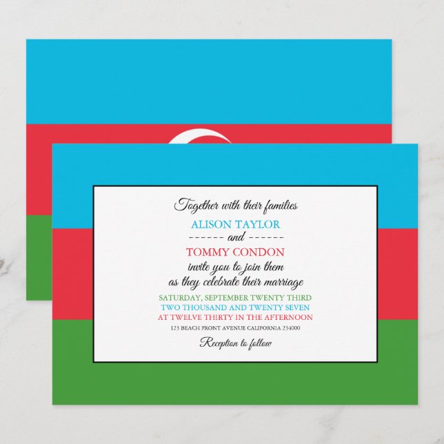 Azerbaijani Flag, Flag of Azerbaijan Wedding Invitation (Front/Back)