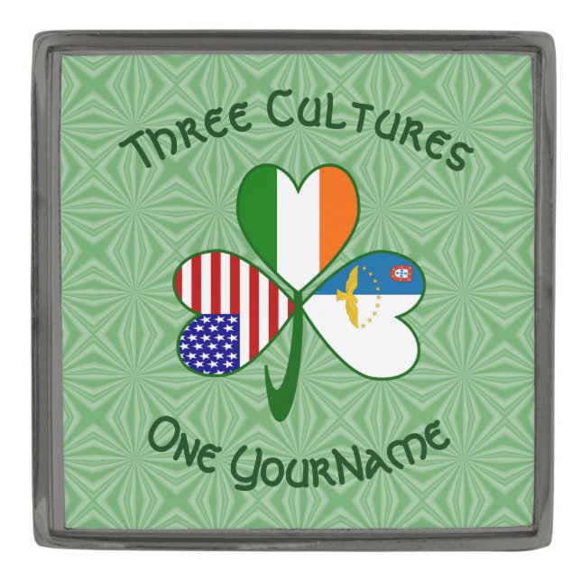Azores Ireland USA Shamrock Flag Personalized  Gunmetal Finish Lapel Pin (Front)