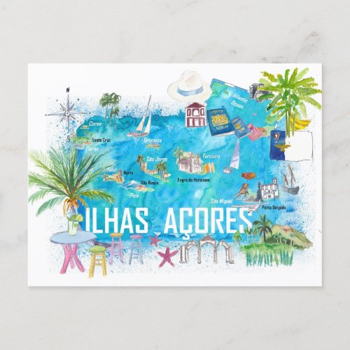 Azores Islands Portugal Illustrated Travel Map  Postcard