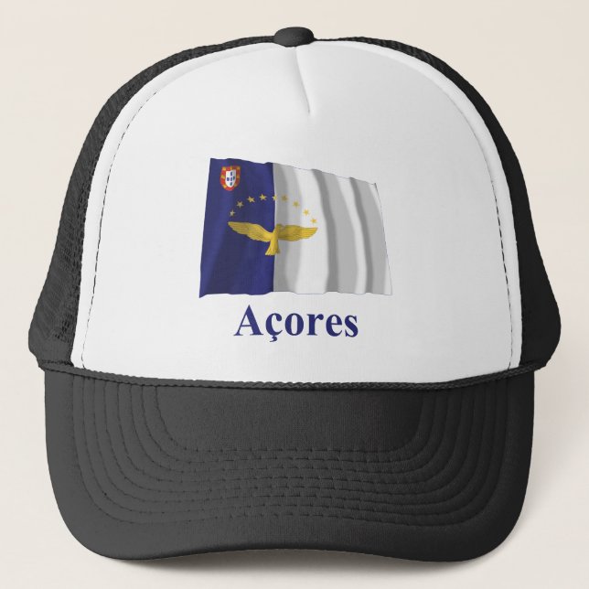Azores Waving Flag with Name in Portuguese Trucker Hat (Front)
