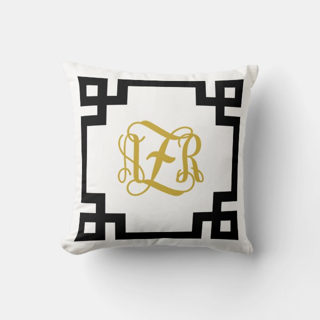 AZR Black and Gold Greek Key Script Monogram Throw Pillow (Front)