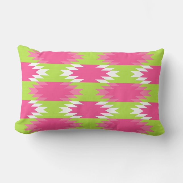 Aztec Andes Tribal Hot Pink Lime Green Pattern Lumbar Pillow (Front)