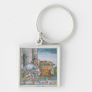Aztec artisans dyeing feathers keychain