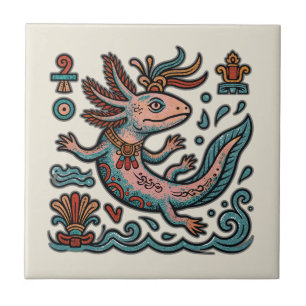 Aztec Axolotl Xolotl eroded stone tribal boho art Ceramic Tile
