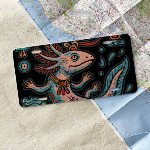 Aztec Axolotl Xolotl eroded stone tribal boho art License Plate