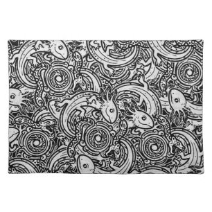 Aztec Axolotl Xolotl Tribal Pattern Black & White Cloth Placemat