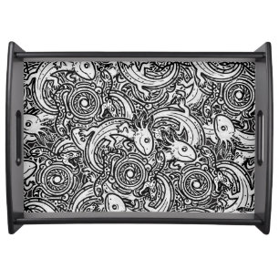 Aztec Axolotl Xolotl Tribal Pattern Black & White Serving Tray