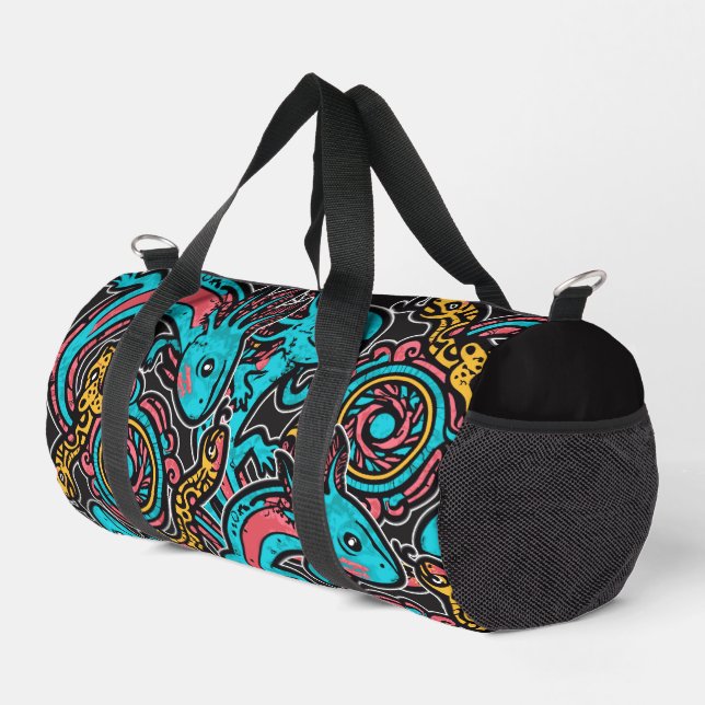 Aztec Axolotl Xolotl Tribal Pattern mythology boho Duffle Bag (Right Corner)