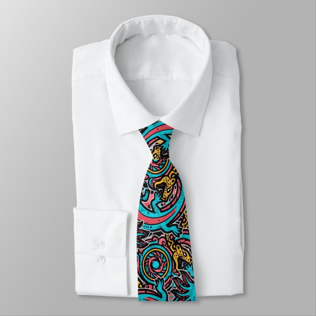 Aztec Axolotl Xolotl Tribal Pattern mythology boho Neck Tie (Tied)