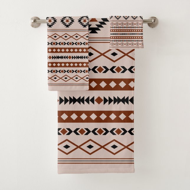 Aztec Black Browns Taupe Mixed Motifs Pattern Bath Towel Set (Insitu)