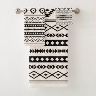 Aztec Black on Cream Mixed Motifs Pattern Bath Towel Set