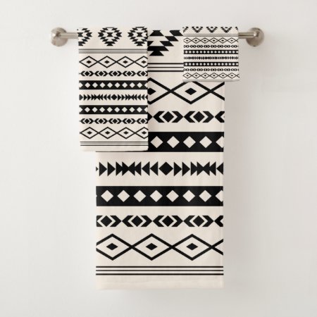 Aztec Black On Cream Mixed Motifs Pattern Bath Towel Set
