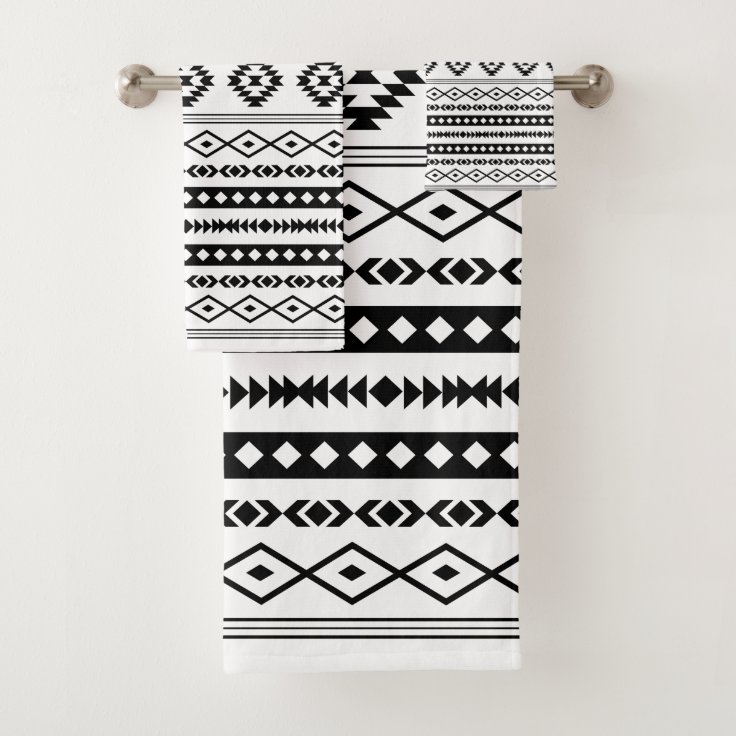Aztec Black on White Mixed Motifs Pattern Bath Towel Set Zazzle