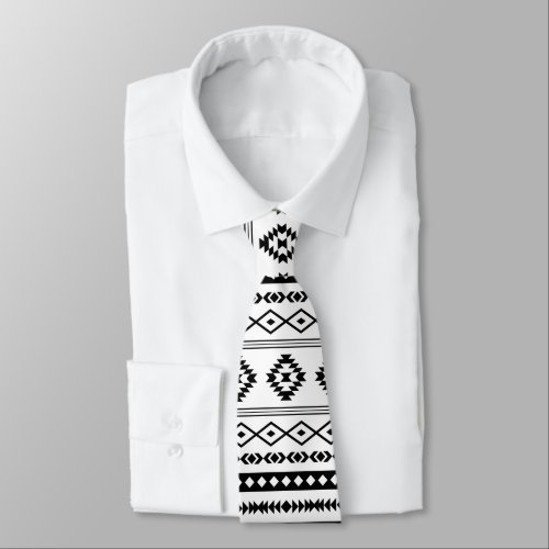 Aztec Black on White Mixed Motifs Repeat Pattern Neck Tie