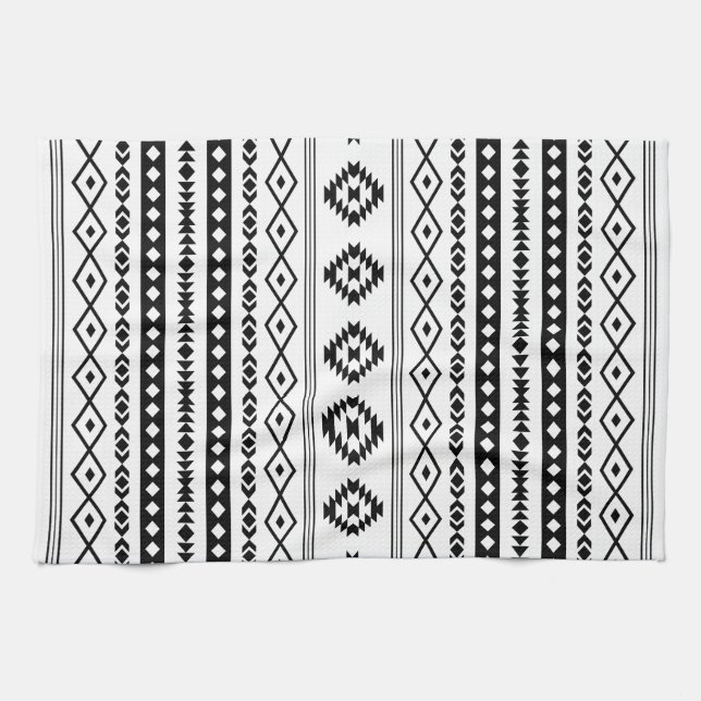 Aztec Black on White Mixed Motifs (V) Pattern Kitchen Towel (Horizontal)