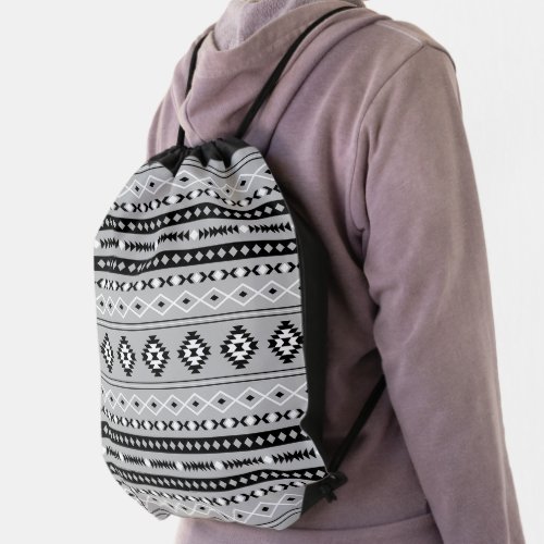 Aztec Black White Grey Mixed Motifs Pattern Drawstring Bag