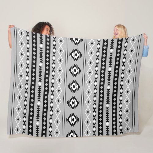 Aztec Black White Grey Mixed Motifs Pattern Fleece Blanket