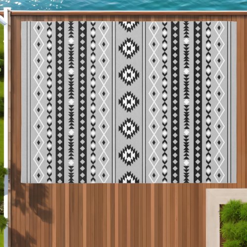 Aztec Black White Grey Mixed Motifs V Pattern Outdoor Rug