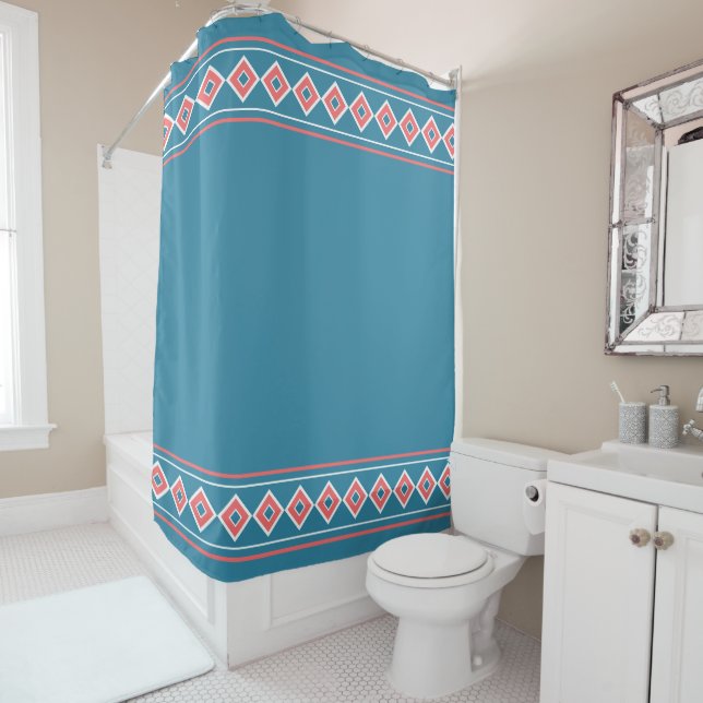 Aztec Blue Coral Diamond Southwestern Shower Curtain (In Situ)