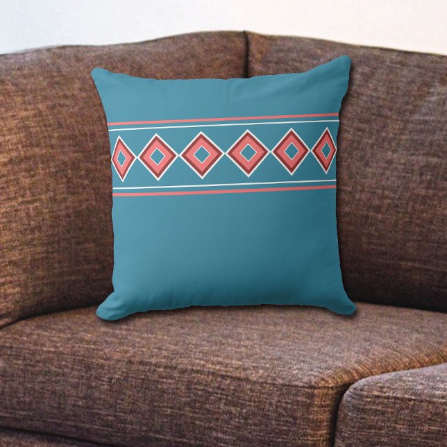 Aztec Blue Coral Diamond Southwestern Throw Pillow (Creator Uploaded)
