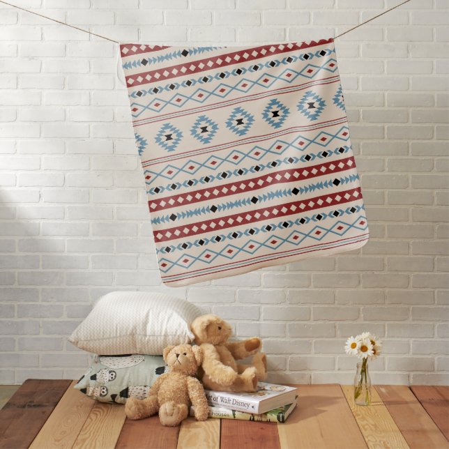 Aztec Blue Red Black Cream Mixed Motifs Pattern Baby Blanket (In Situ)