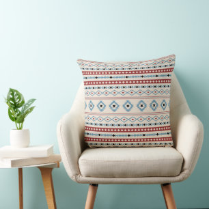 Aztec Blue Red Black Cream Mixed Motifs Pattern Throw Pillow