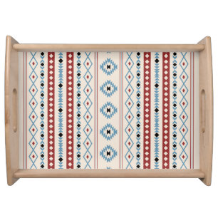 Aztec Blue Red Black Cream Mixed Motifs V Pattern Serving Tray