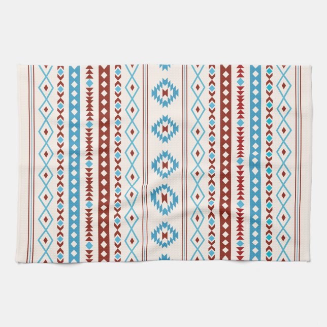 Aztec Blues Red Cream Mixed Motifs Pattern Kitchen Towel (Horizontal)