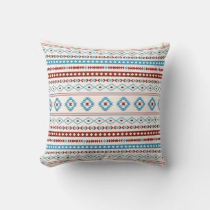Aztec Blues Red Cream Mixed Motifs Pattern Throw Pillow