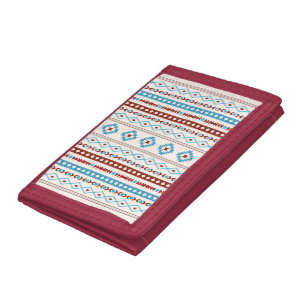 Aztec Blues Red Cream Mixed Motifs V Pattern Tri-fold Wallet