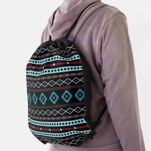 Aztec Blues Reds Black Mixed Motifs Pattern Drawstring Bag