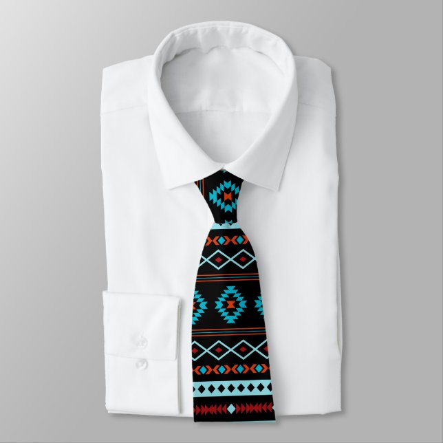 Aztec Blues Reds Black Mixed Motifs Rpt Pattern Neck Tie (Tied)