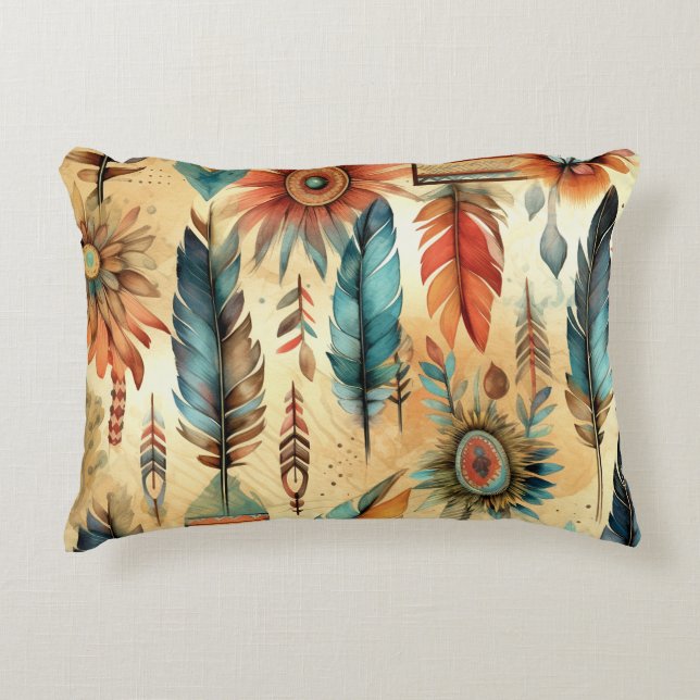 Aztec Boho Tribal Blue Feathers Accent Pillow (Front)